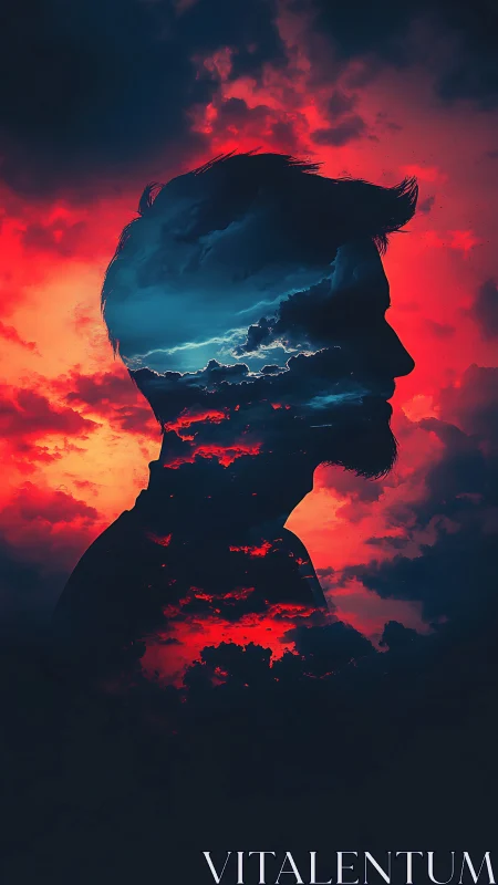 Silhouette portrait overlaid with dramatic red storm sky.