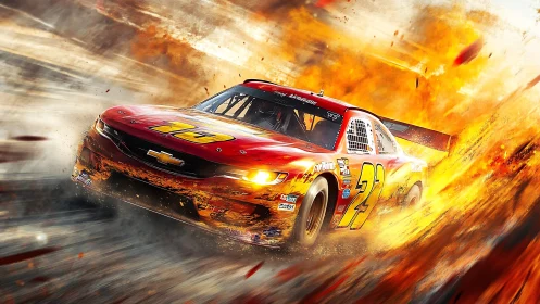 High-speed stock car drifts through fire, motion-blurred debris field