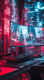 Cyberpunk workstation with curved display in neon matrix.