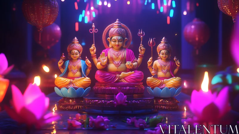 Luminous Hindu deities on lotus thrones in neon temple glow.