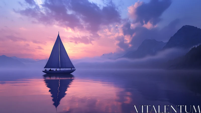 Solitary sailboat crosses calm reflective lake at dusk