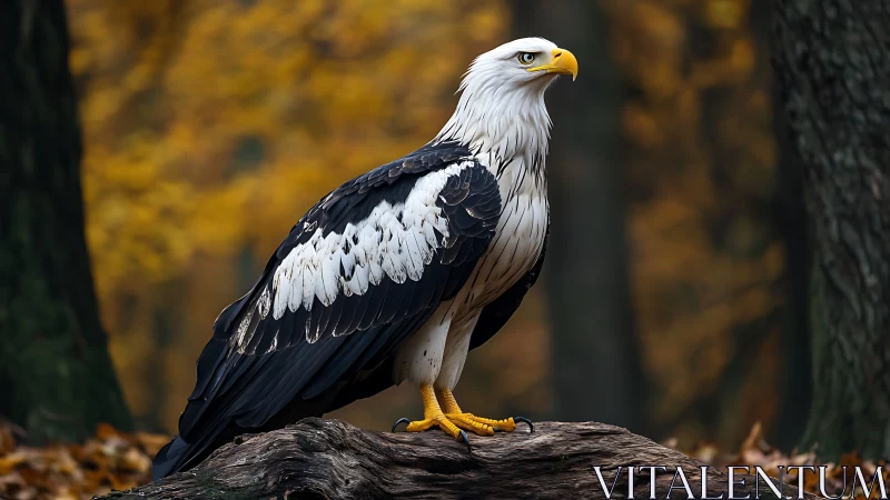 Bald eagle on tree stump in autumn forest, realistic wildlife style.