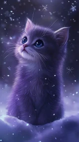 Purple Kitten Gazes Upon Winter's Magical Snowfall