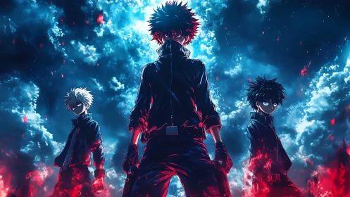 Storm-lit anime trio stand amid glowing red embers.