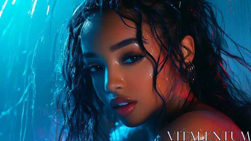 Wet neon portrait captures sultry gaze in electric light