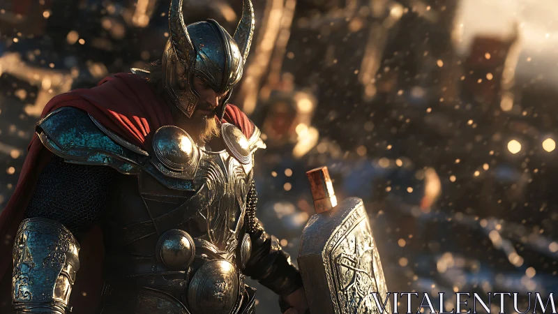 Armored thunder warrior in glowing snowfall at dusk.