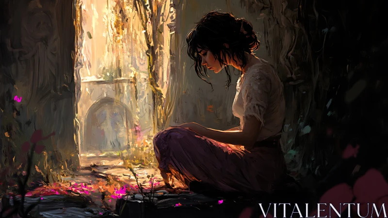 Woman sits in ruined doorway illuminated by warm light