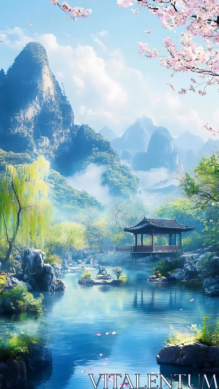 Serene mountain lake with pavilion and spring blossom trees.
