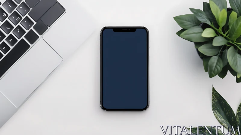 Minimal desk trinity: silent smartphone, laptop, leafy ally.