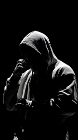 Hooded rapper silhouette in dramatic low key side lighting.