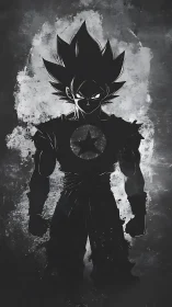 Shadow warrior silhouette dominates gritty monochrome field.