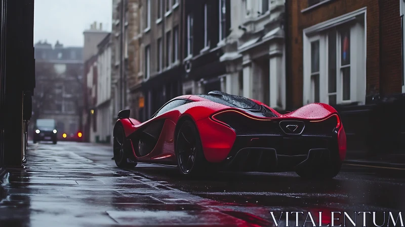 Red hypercar on wet city street under overcast sky.