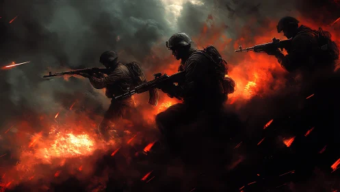 Soldiers moving through firelit smoke in intense battle.