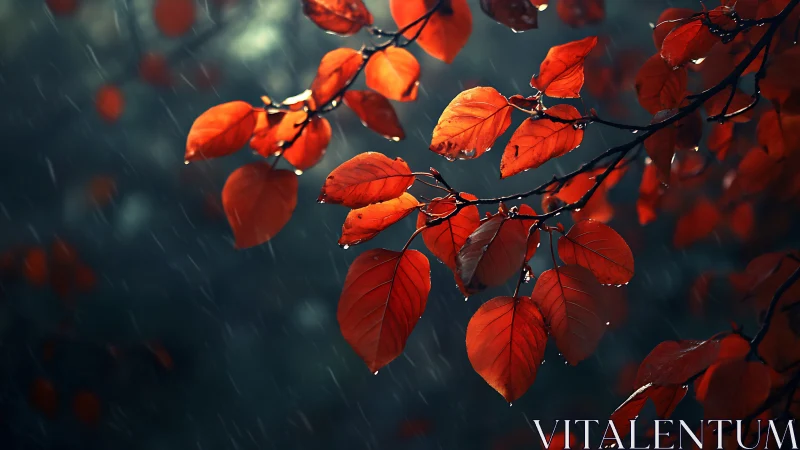 Scarlet autumn leaves catch soft rain in fading forest light