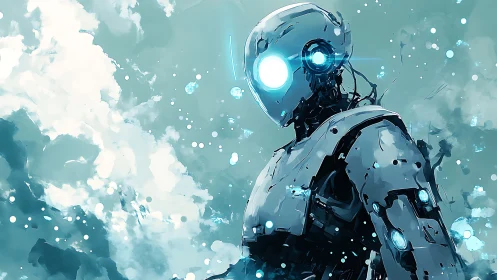 Futuristic robot gazes skyward in a luminous teal storm