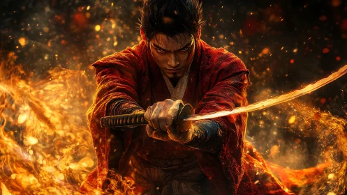 Fiery samurai warrior in dynamic frontal katana stance.