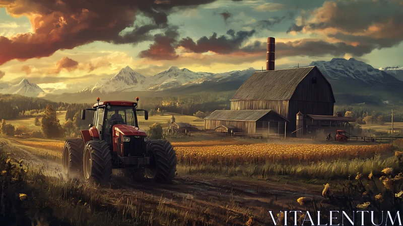 Red tractor crosses golden fields beneath dramatic peaks