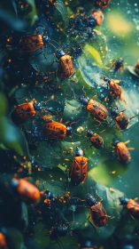 Macro swarm of orange leaf beetles on wet green foliage