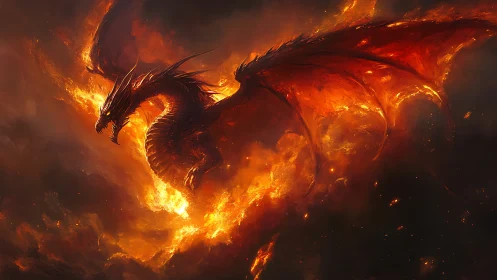 Infernal dragon erupts through molten storm of fire.