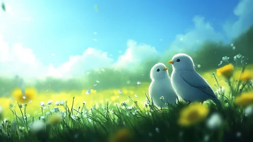 Two white doves rest among wildflowers in sunlit meadow.