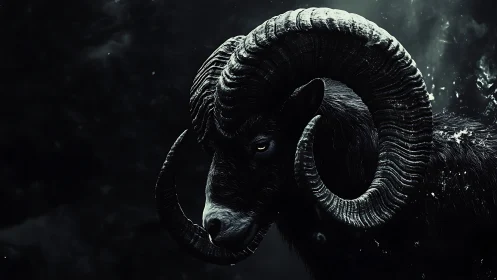 Midnight ram stands strong in swirling stormlit shadows