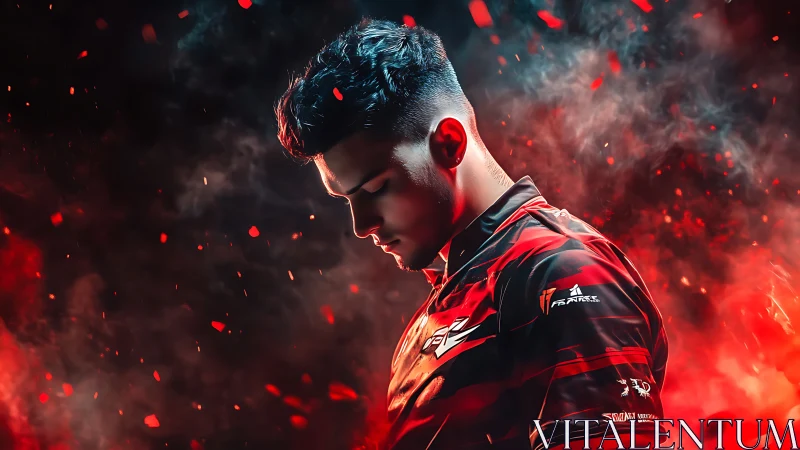 Esports player in profile stands amid red glowing particles