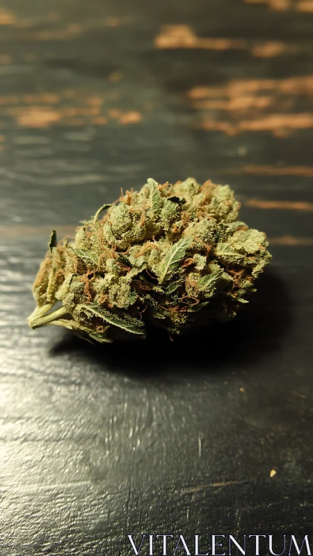 Close-up cannabis bud on distressed black wooden surface.