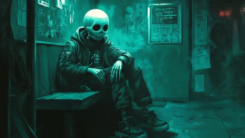 Hooded figure with skull helmet sits in teal-lit urban interior
