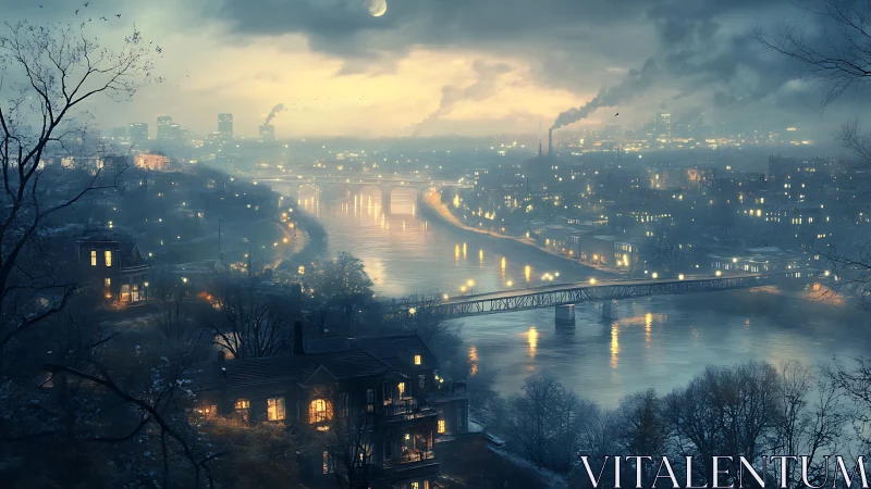 Digital painting nocturne of industrial river cityscape panorama.