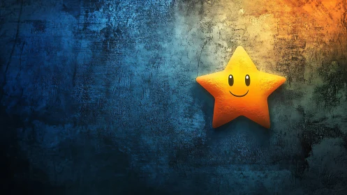 Smiling yellow star glows against textured blue wall
