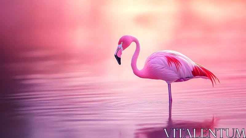 Pink flamingo standing in calm reflective pink water.