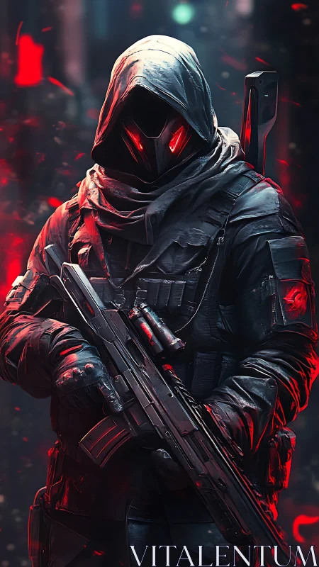 Cybernetic hooded commando with red visor and tactical rifle