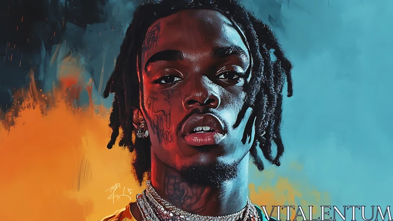 High-contrast digital portrait with bicolor background gradients and tattoos