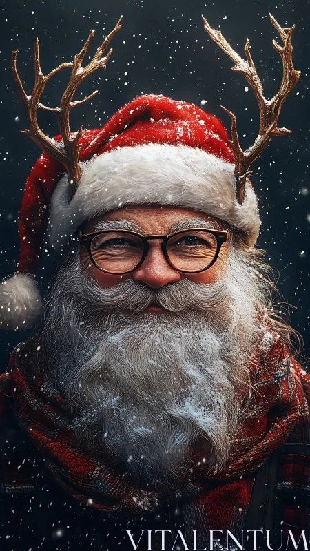 Cozy reindeer Santa with glasses in softly swirling snow.