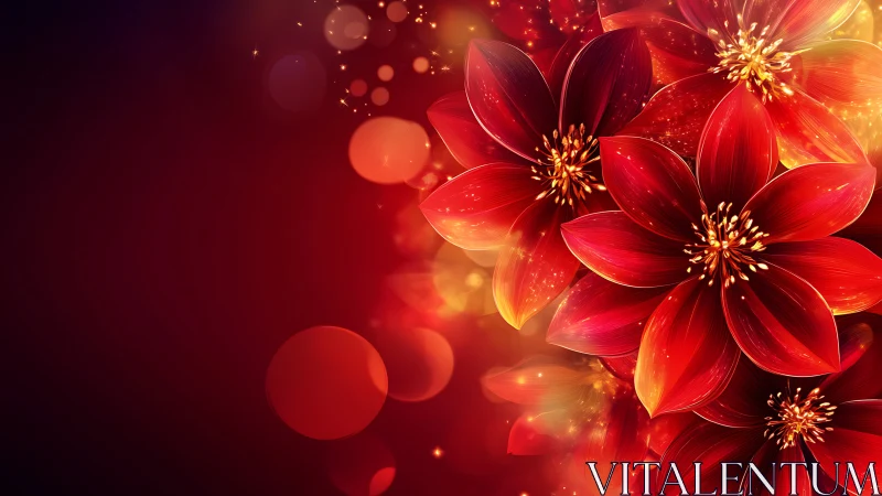 Luminescent Red Petals with Bokeh Particles. Digital Rendering.
