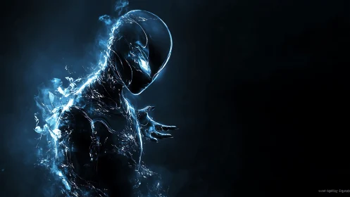 Liquid energy humanoid emerging from dark void.