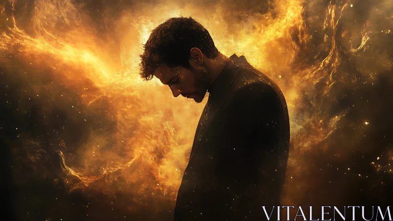 Solitary man silhouetted against blazing cosmic nebula.