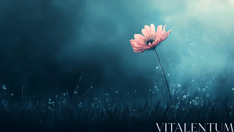 Pink flower stem positioned prominently against teal gradient field background.