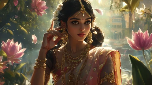 Lotus-lit Indian muse draped in golden bridal shimmer.