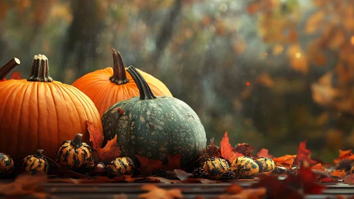 Autumn pumpkins rest among glowing leaves in soft golden light