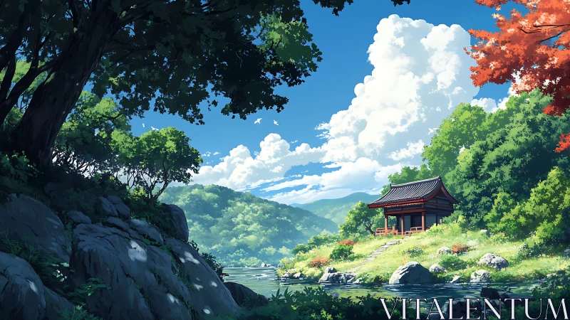 Riverside temple daydream under cloud-bright mountain skies.