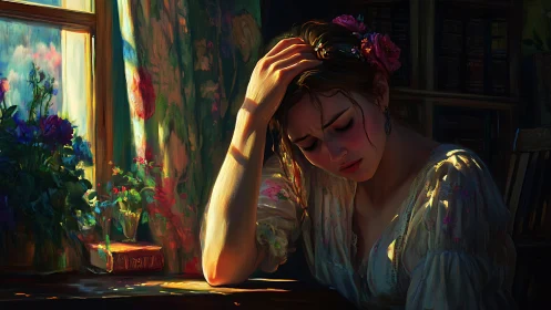 Young woman by sunlit window in contemplative posture.