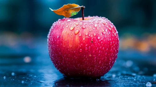 Red apple with water droplets stands on dark wet surface