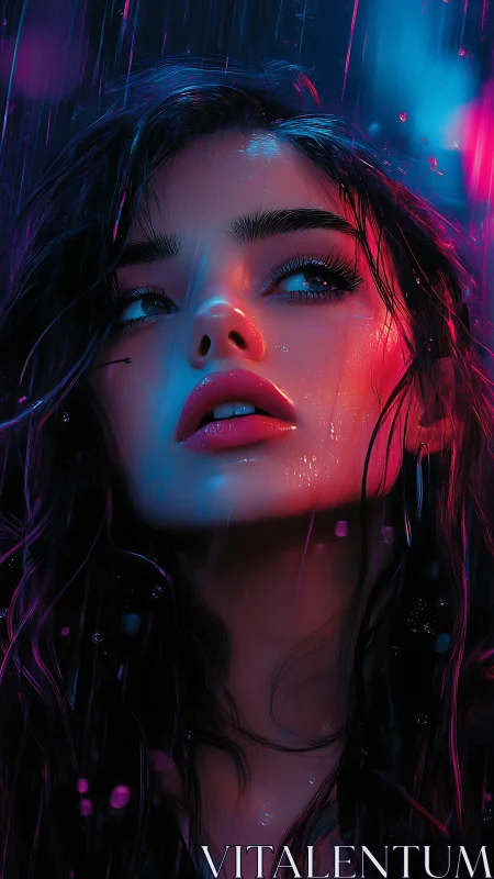 Neon rain traces desire across a contemplative young face.