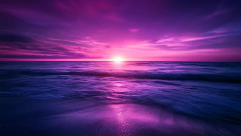 Sun sets over calm ocean horizon with vivid magenta light.