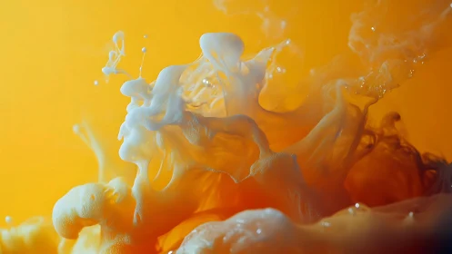 High-speed macro capture of white fluid dispersion in orange medium