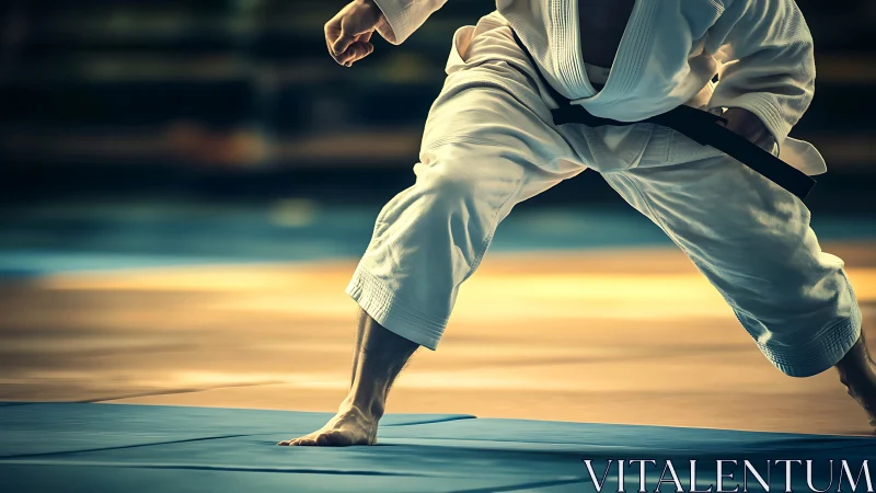 Karate black belt stance under dramatic warm key lighting.