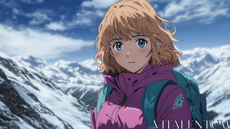 Snowy mountain hiker gazes ahead with quiet determination