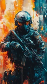 Armored futuristic soldier stands against blazing abstract light