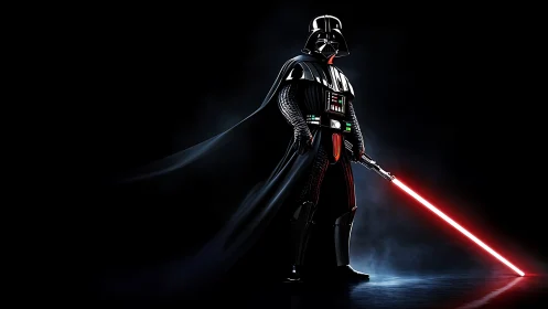 Shadow clad warrior with glowing red blade in starlit void.